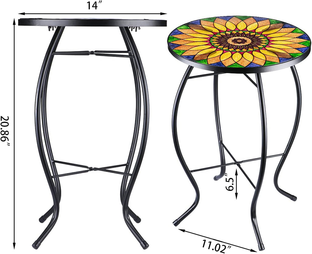 VCUTEKA Sunflower Outdoor Side Table, Mosaic Design, Small Glass Top, Round, Patio Side Table, Balcony Coffee Table, Indoor, 14 inches, Yellow