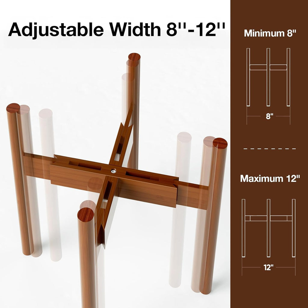 MUDEELA Plant Stand for Indoor Plants: Adjustable Width Fits 8-12 Inch Pots - Mid-century Modern Bamboo Plant Stand - 14.5 Inch Single Tier Small Floor Plant Holder, Dark Brown, 2 Pack (Without Pot)