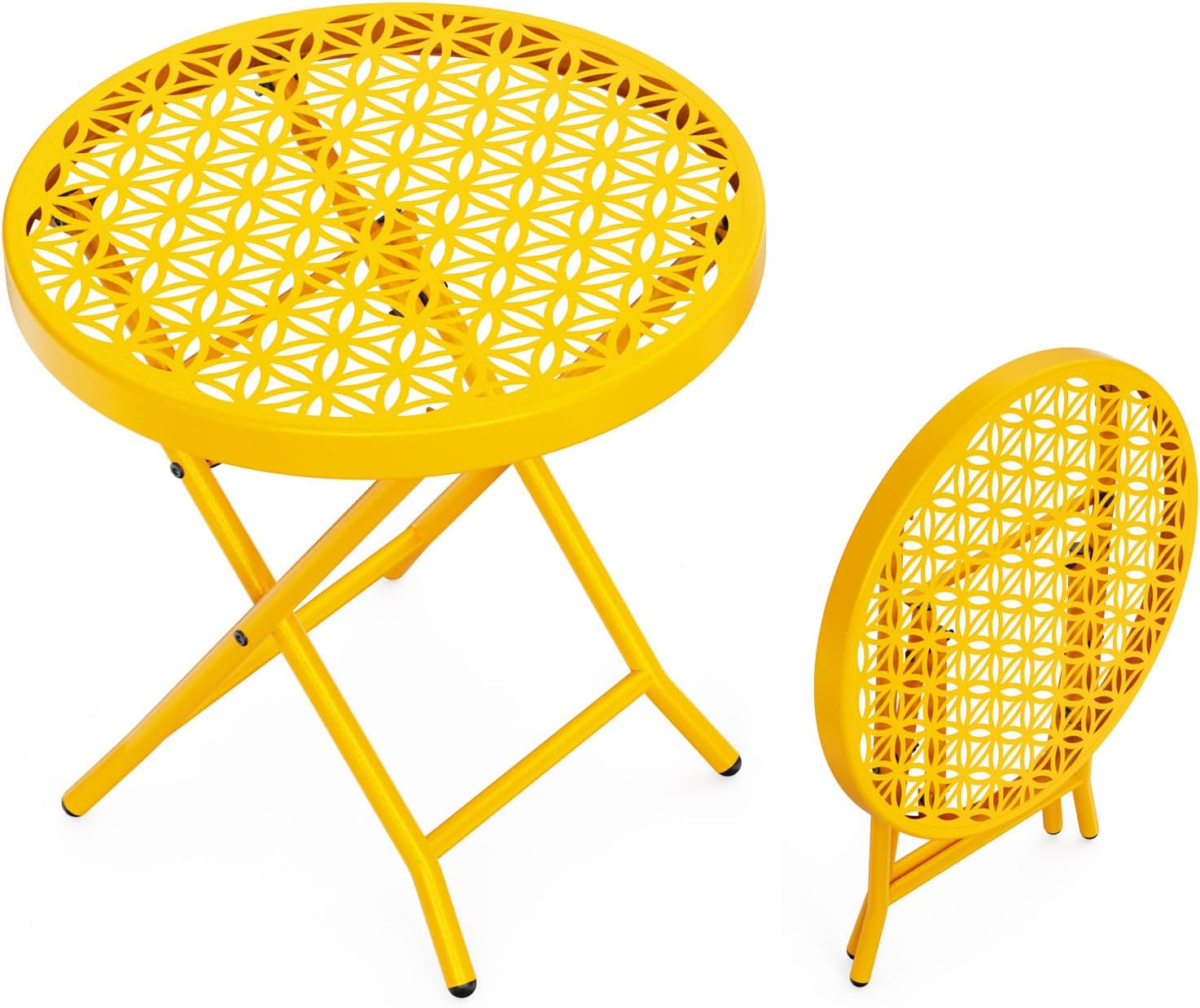 VINGLI Patio Folding Side Table, Small Outdoor Table with Everlasting Floral Pattern and Sturdy X-Shaped Metal Frame Ideal for Indoor & Outdoor Balcony, Porch, Backyard, Deck, Yellow, 1 Pack