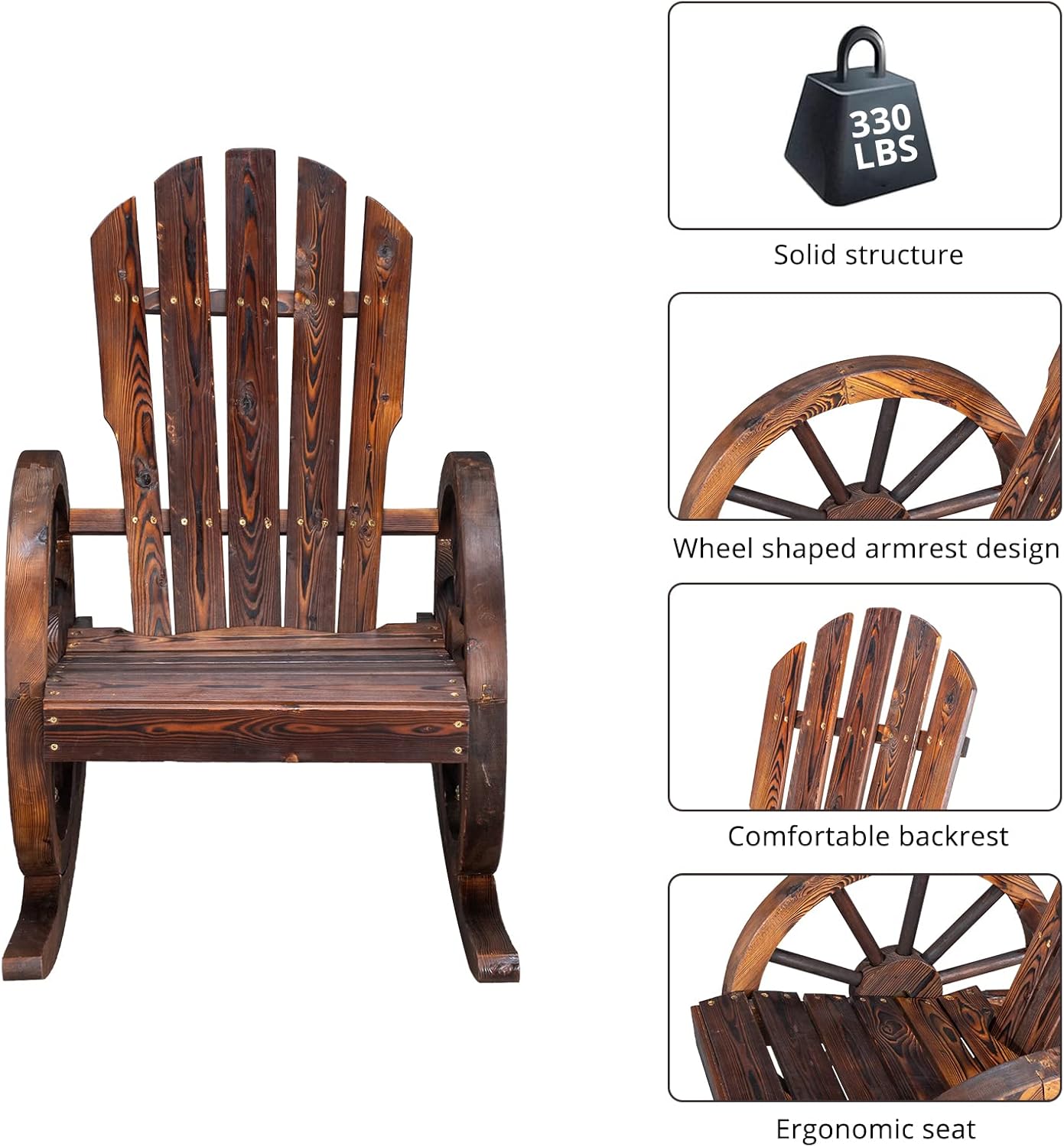 Outvita Adirondack Rocking Chair, Wood Wagon Rocker, Outdoor Wooden Carbonized Lounge Chairs with Wheel Armrest for Garden Patio Country Yard Porch, Fir