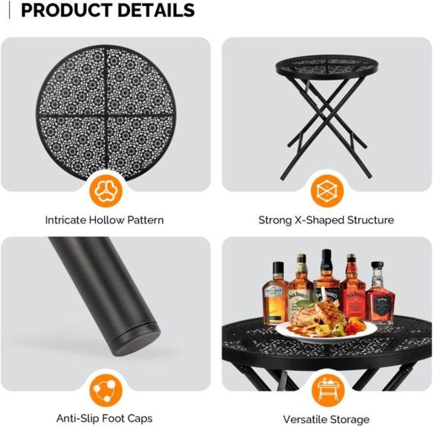 18 inch Folding Patio Side Table, Metal Outdoor Coffee Table with Flower Design, Round Bistro Table for Patio, Balcony, Garden - Black