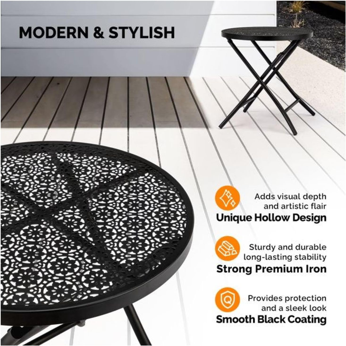 18 inch Folding Patio Side Table, Metal Outdoor Coffee Table with Flower Design, Round Bistro Table for Patio, Balcony, Garden - Black