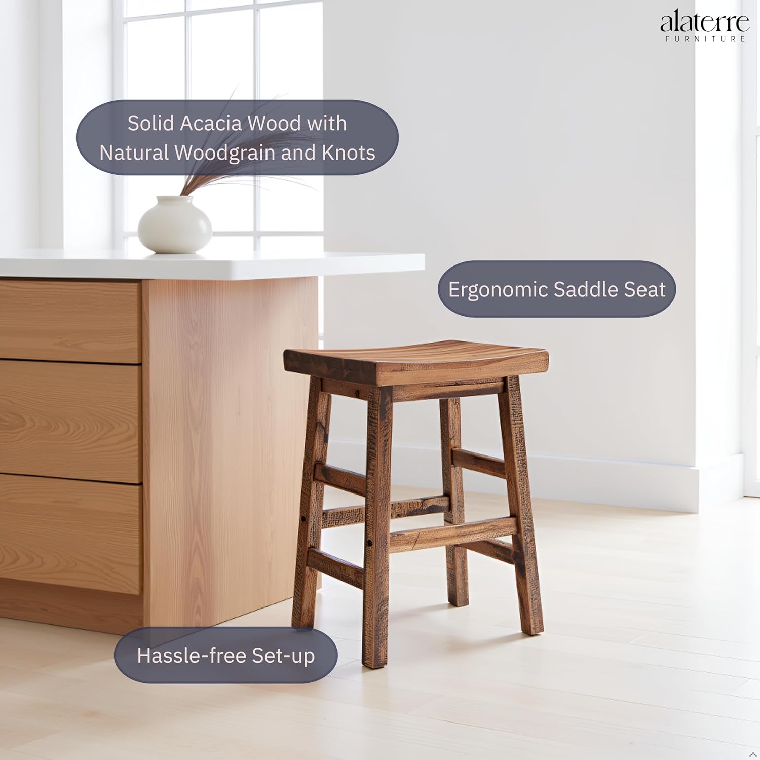 Alaterre Furniture Durango 26-Inch Tall Industrial Wood Counter-Height Stool Bar Stool, Kitchen, Seating, Vintage-Style Saddle Seat, Comfort, Rustic Industrial, Light or Dark Tone Lacquer Finish