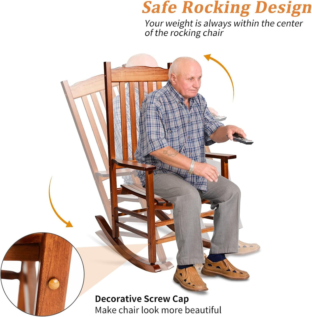 Outvita Outdoor Rocking Chair, Solid Wood High Back Rocker, All Weather Lounge Chair for Porch Patio Fire Pit Garden Backyard Deck Indoor, Wave Shape, Natural