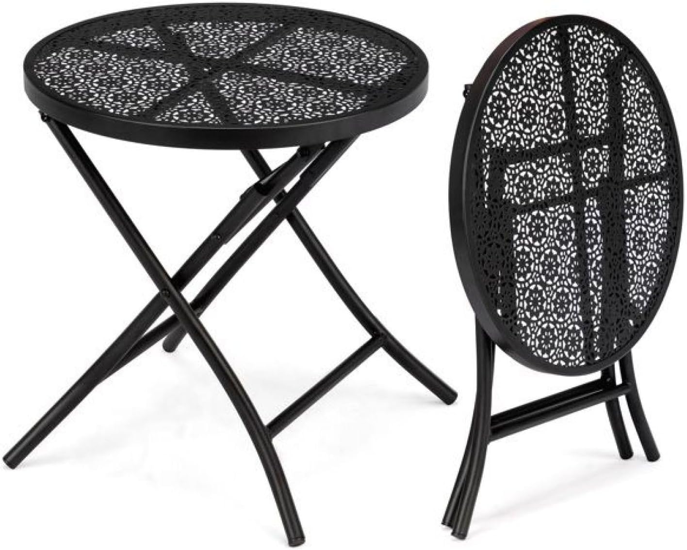 18 inch Folding Patio Side Table, Metal Outdoor Coffee Table with Flower Design, Round Bistro Table for Patio, Balcony, Garden - Black