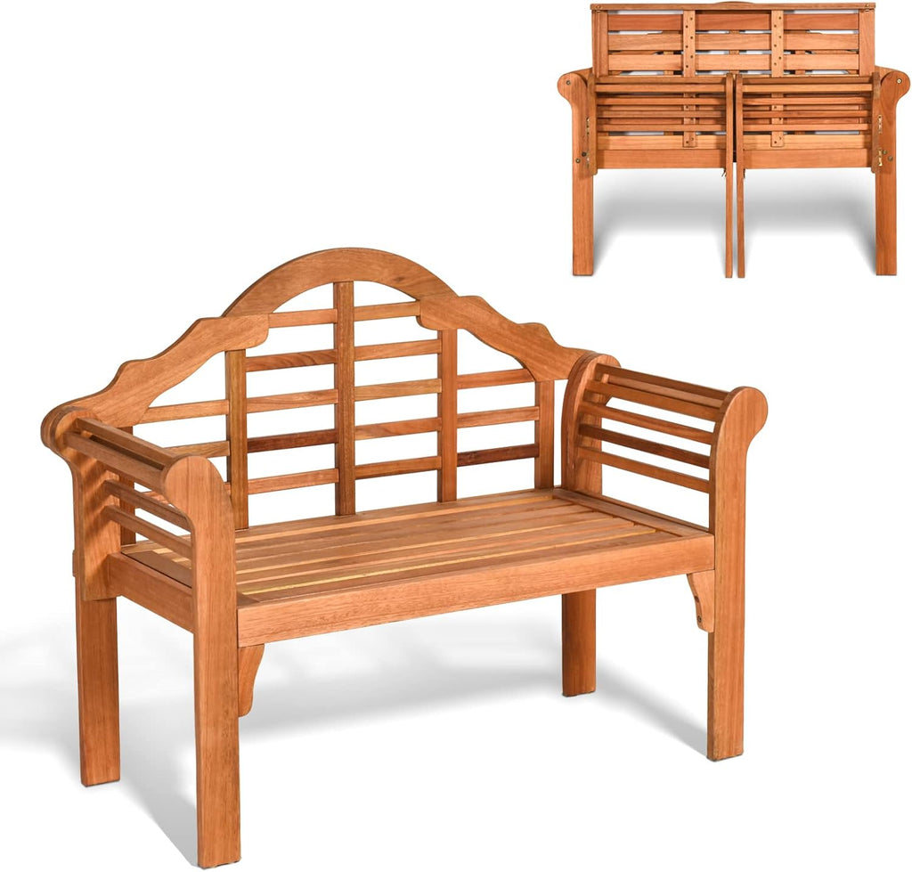 Giantex Outdoor Wood Bench, 4 Ft Foldable Eucalyptus Garden Bench, Two Person Loveseat Chair Solid with Curved Backrest and Armrest Ideal for Patio, Porch or Balcony (Teak)