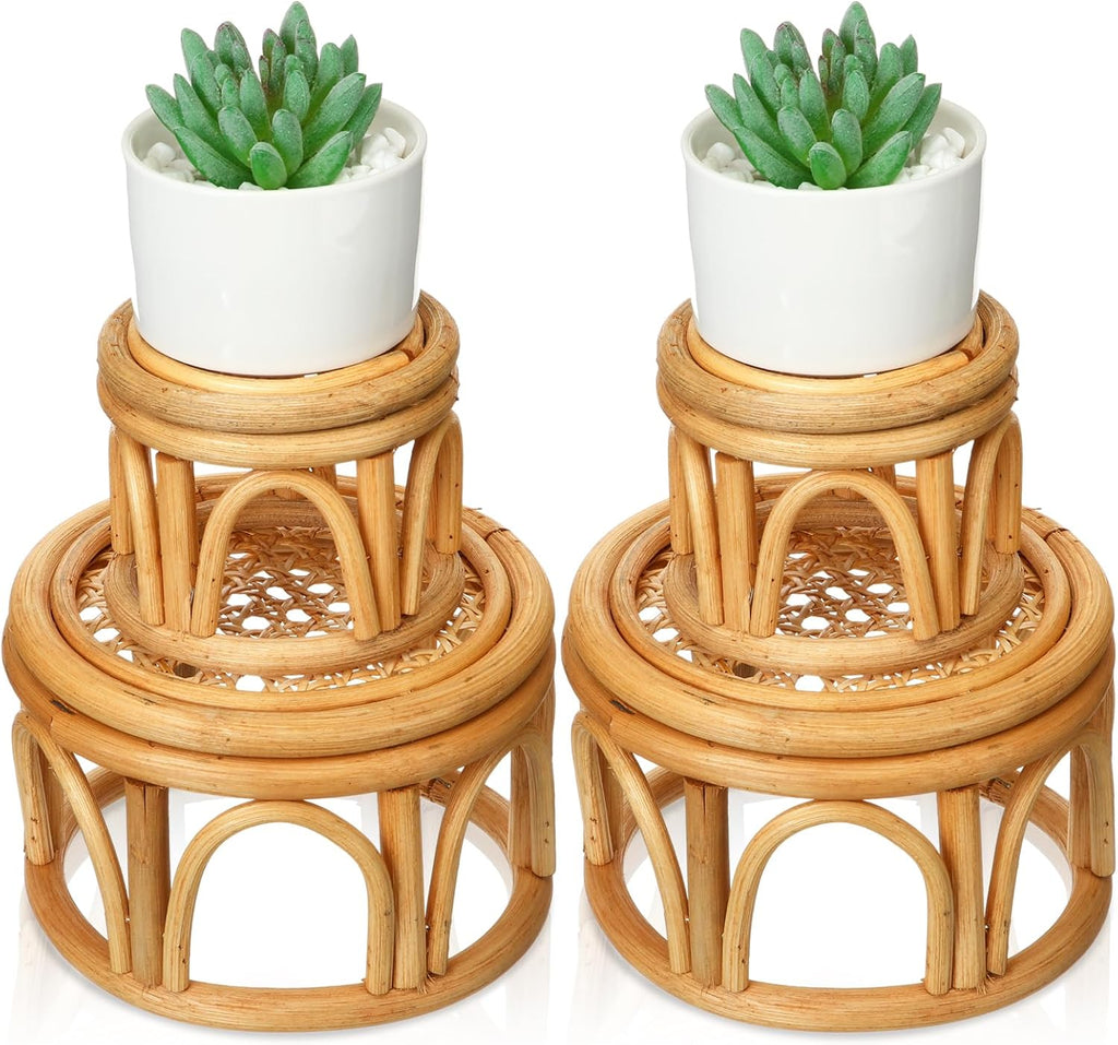 Wenqik 4 Pcs Boho Rattan Plant Stand Woven Wicker Round Riser Stand Indoor Rustic Farmhouse Natural Circle Plant Pedestal Round Accent Centerpiece for Home Kitchen Office Display, 2 Size