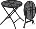 Folding Outdoor Side Tables, Small Patio Table Round Metal End Table with Flower Cutouts for Porch Yard Balcony Deck Lawn, Black
