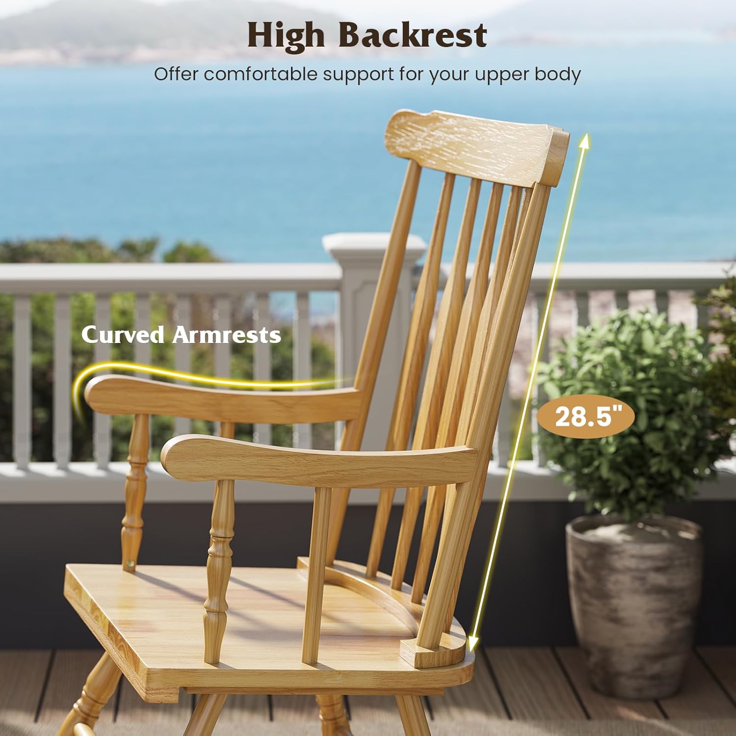 Tangkula Patio Rocking Chair Solid Wood, Outdoor Porch Rocker Chair with Rubber Wood Frame, Indoor Wooden Rocking Chair, Ideal for Garden, Backyard & Balcony (1, Natural)