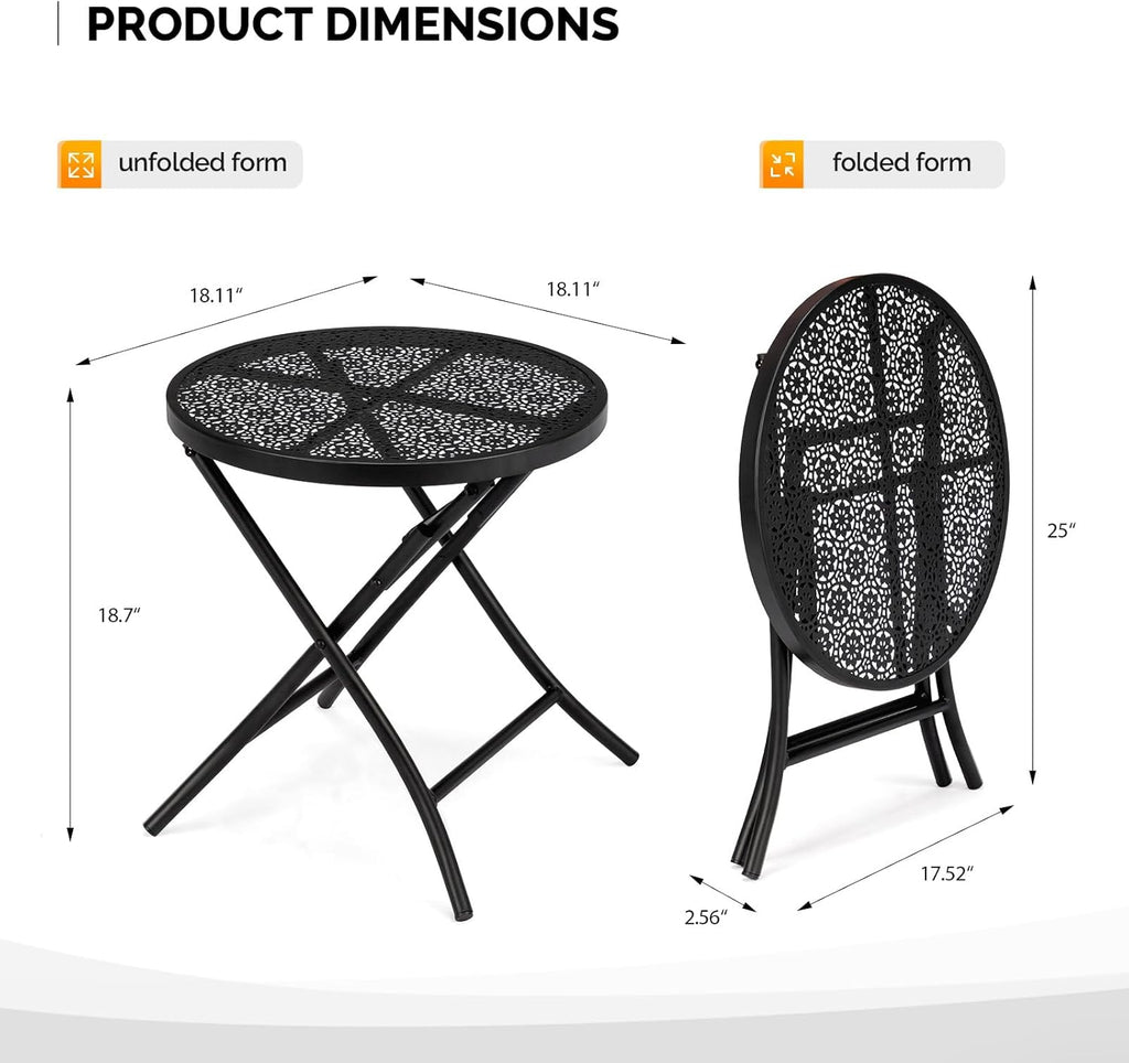 Folding Outdoor Side Tables, Small Patio Table Round Metal End Table with Flower Cutouts for Porch Yard Balcony Deck Lawn, Black