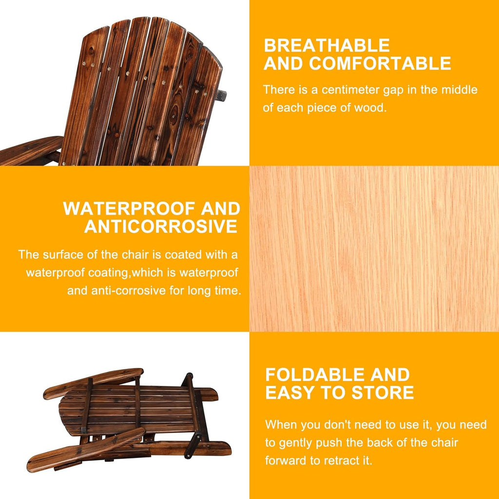 Outvita Folding Adirondack Chair Set of 2, 350LBS Solid Wood Garden Chair Weather Resistant, Outdoor Wooden Accent Furniture Fire Pit Lounge Chairs for Garden, Yard, Patio, Lawn, Carbonized