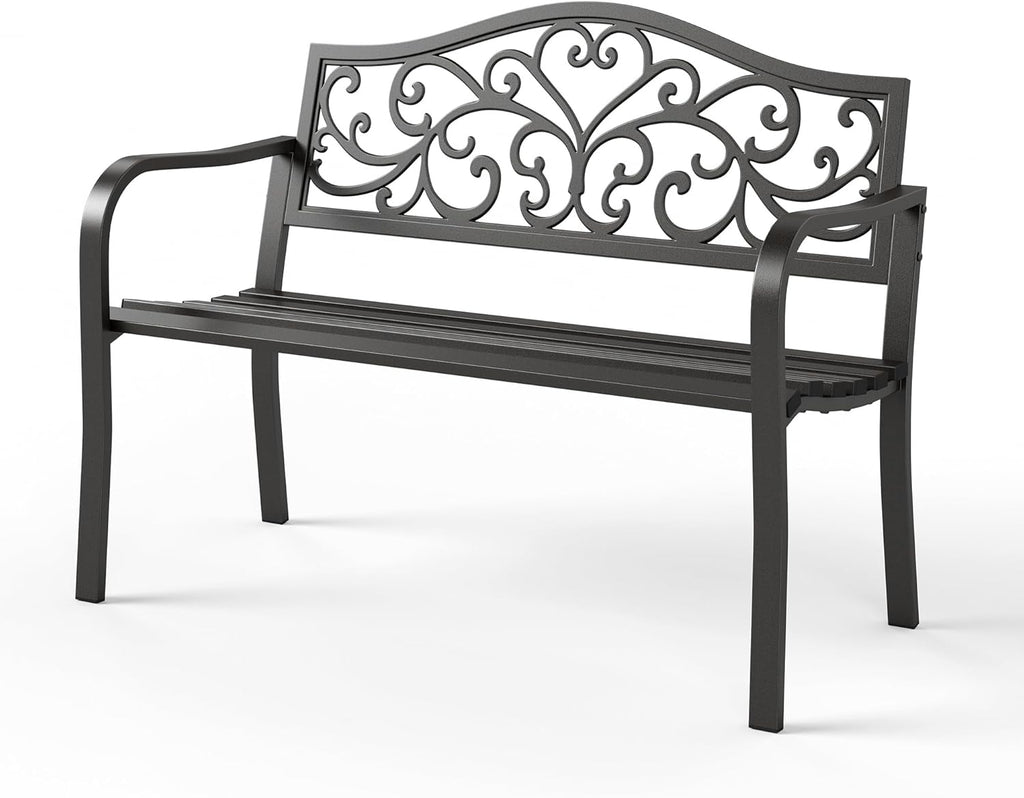 Sophia & William Outdoor Bench, Porch Bench, Garden Bench, Wrought Iron Bench with Backrest and Armrests, Bronze