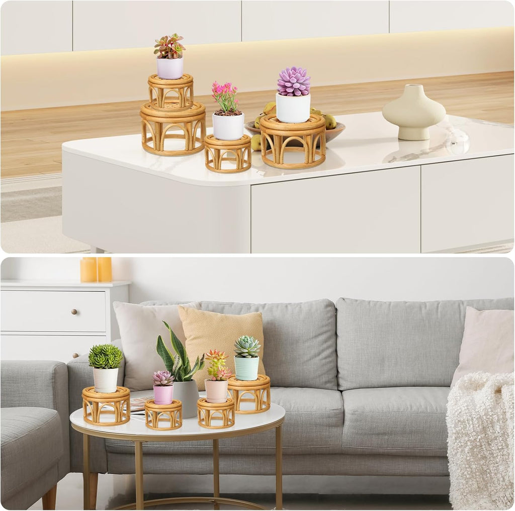 Wenqik 4 Pcs Boho Rattan Plant Stand Woven Wicker Round Riser Stand Indoor Rustic Farmhouse Natural Circle Plant Pedestal Round Accent Centerpiece for Home Kitchen Office Display, 2 Size