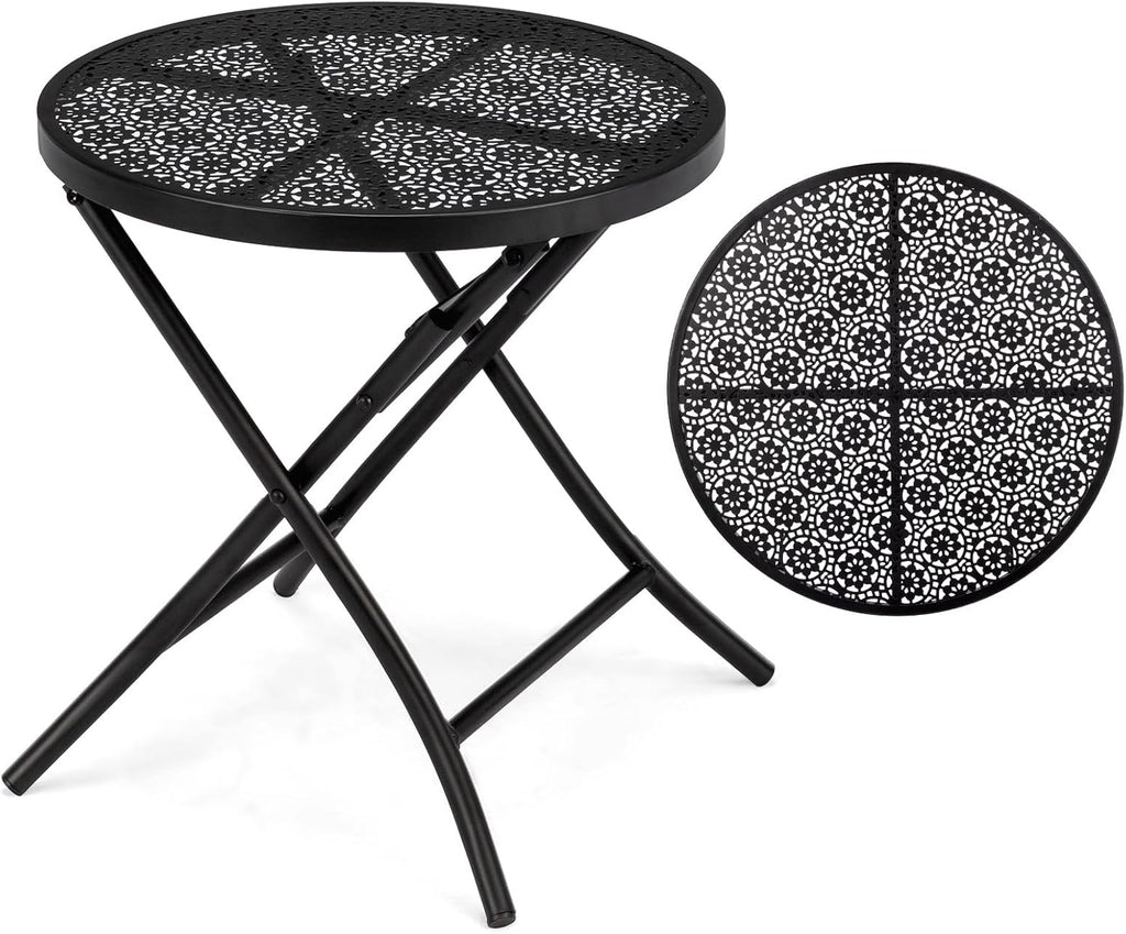Folding Outdoor Side Tables, Small Patio Table Round Metal End Table with Flower Cutouts for Porch Yard Balcony Deck Lawn, Black