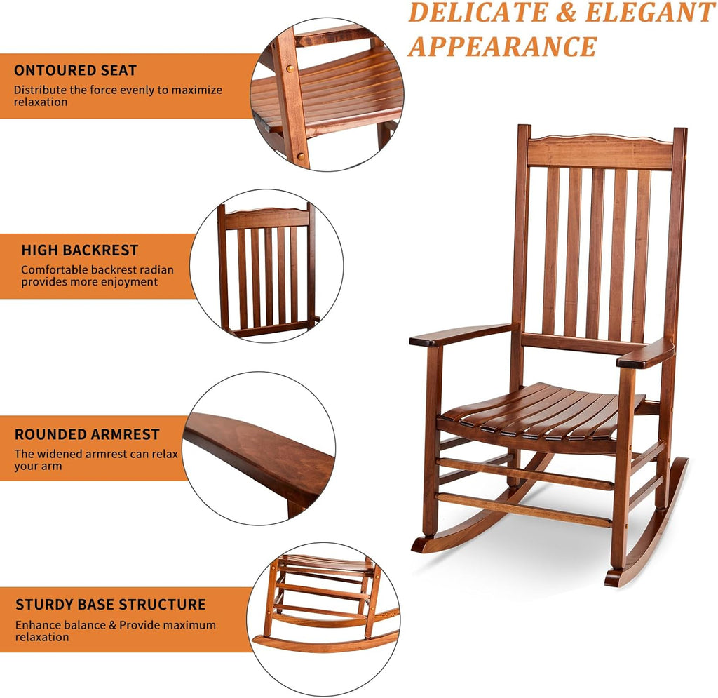 Outvita Outdoor Rocking Chair, Solid Wood High Back Rocker, All Weather Lounge Chair for Porch Patio Fire Pit Garden Backyard Deck Indoor, Wave Shape, Natural
