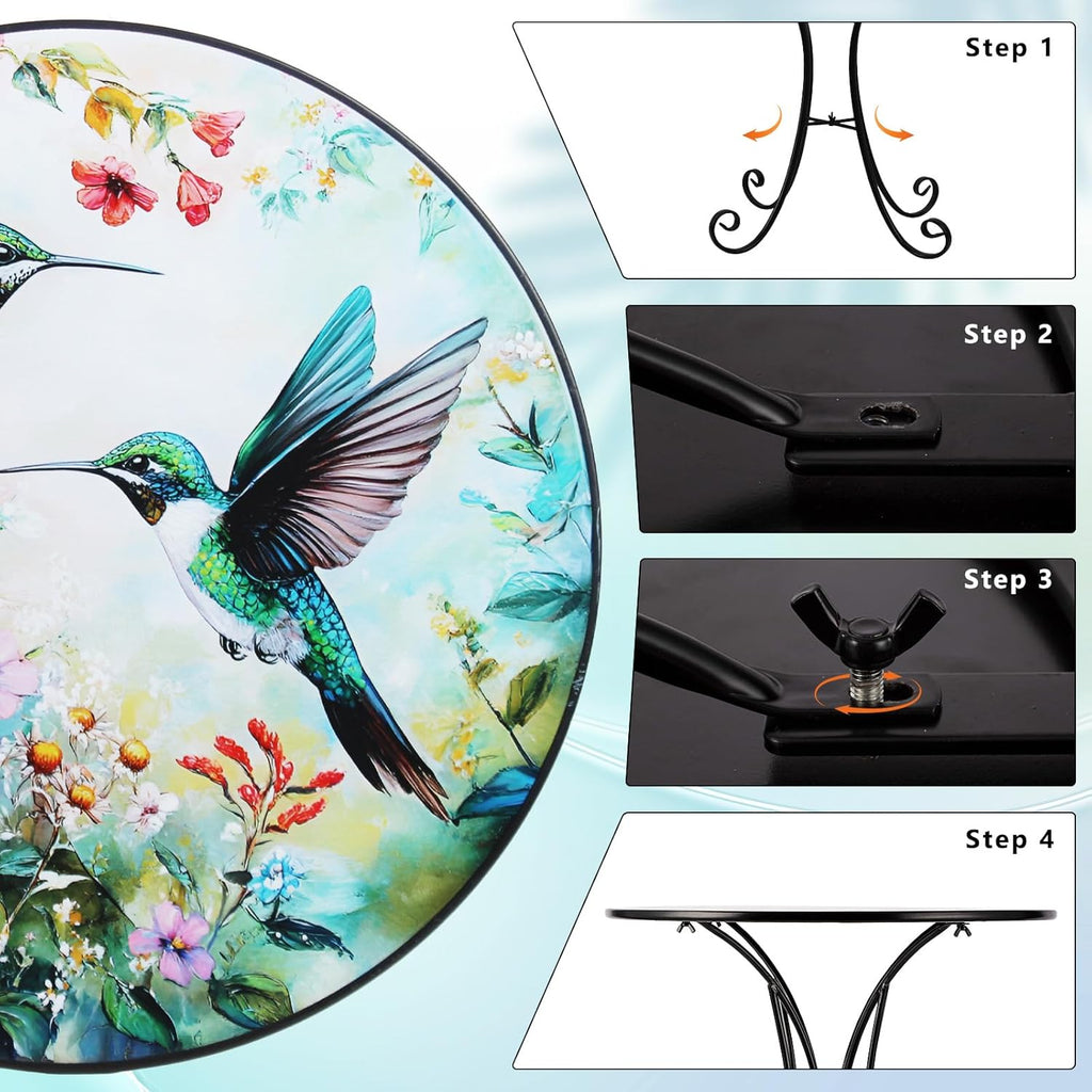 VEWOGARDEN Outdoor Side Table, 18" Weather Resistant Metal End Table with Hummingbird and Flower Design for Patio Porch Garden Balcony Yard