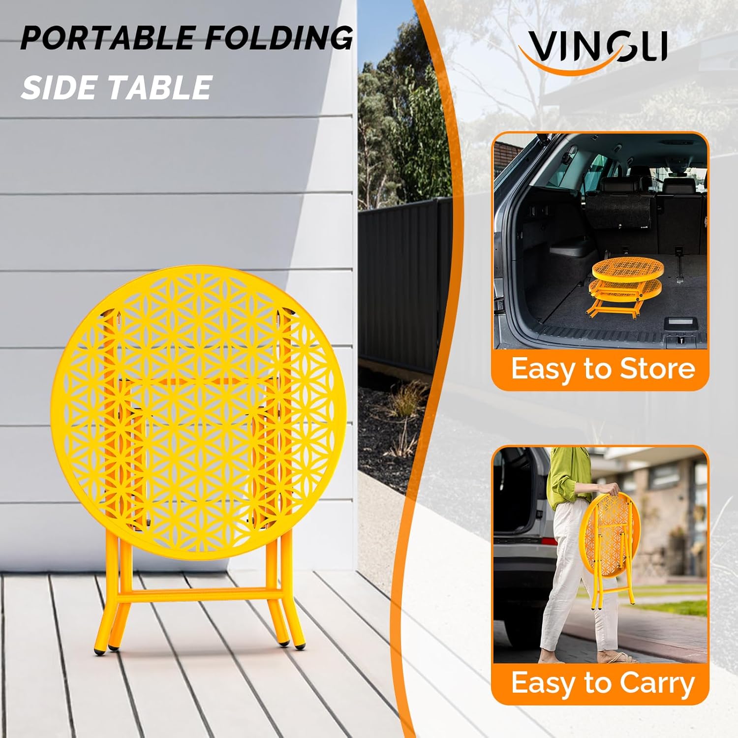VINGLI Patio Folding Side Table, Small Outdoor Table with Everlasting Floral Pattern and Sturdy X-Shaped Metal Frame Ideal for Indoor & Outdoor Balcony, Porch, Backyard, Deck, Yellow, 1 Pack