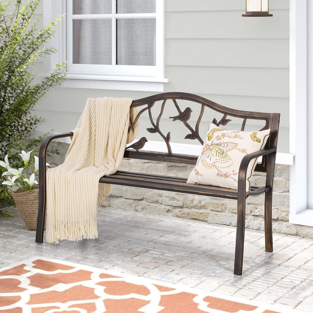 Sophia & William Outdoor Bench, Porch Bench, Garden Bench, Wrought Iron Bench with Backrest and Armrests, Bronze