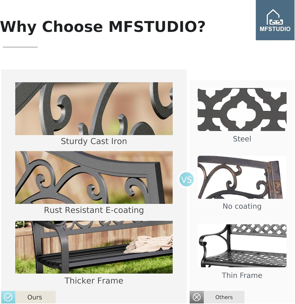 MFSTUDIO 43.7 Inches Outdoor Garden Bench, Cast Iron Metal Frame Patio Park Outside Benches with Floral Pattern Backrest for Front Porch, Black, Camelback