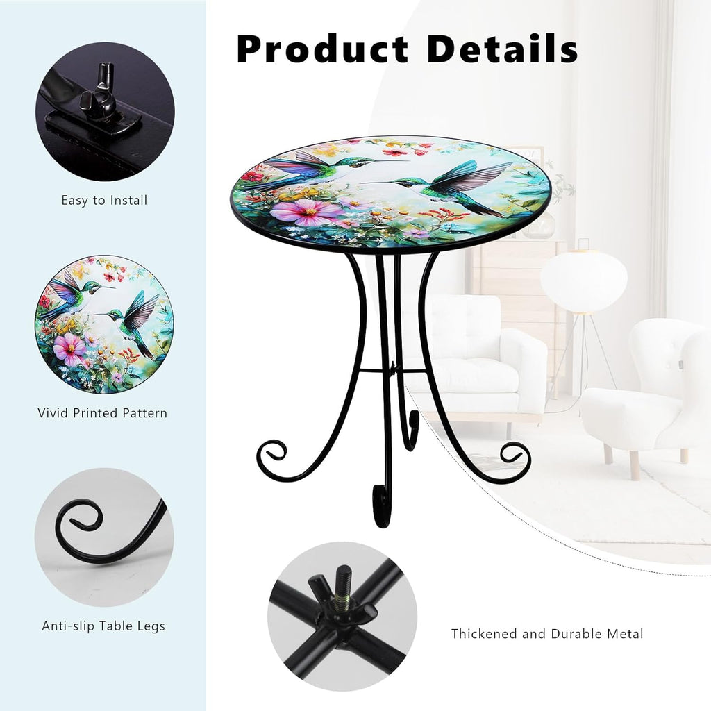 VEWOGARDEN Outdoor Side Table, 18" Weather Resistant Metal End Table with Hummingbird and Flower Design for Patio Porch Garden Balcony Yard