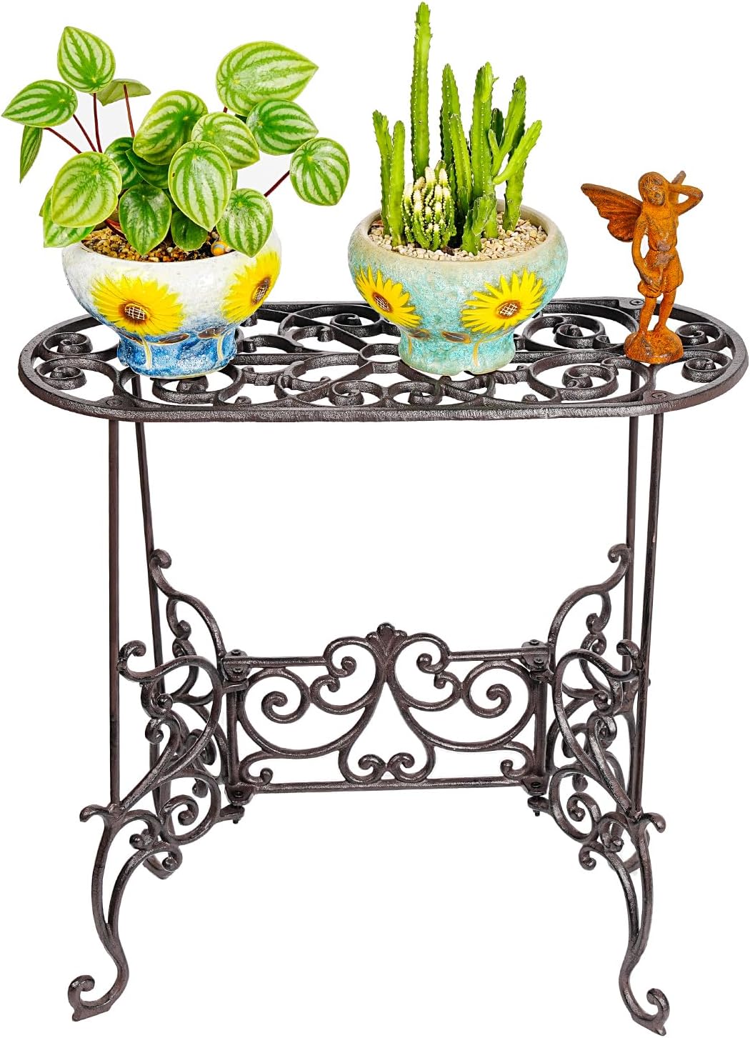 Sungmor Heavy Duty Cast Iron Potted Plant Stand Garden Table - 22.6IN. 1 Tier Metal Stands - Decorative & Vintage Style Indoor Outdoor Corner Shelf for Planters Vases Lanterns Ornaments Books and More