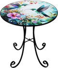 VEWOGARDEN Outdoor Side Table, 18" Weather Resistant Metal End Table with Hummingbird and Flower Design for Patio Porch Garden Balcony Yard