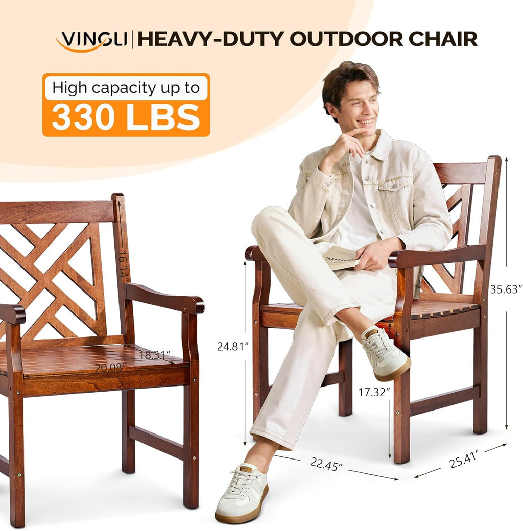 VINGLI Outdoor Dining Chairs, Heavy Duty 330 LBS Wooden Patio Chairs with Comfortable Backrest, Solid Wood Patio Dining Chairs Garden Chairs for Yard, Front Porch and Deck (Teak, 1 PCS)