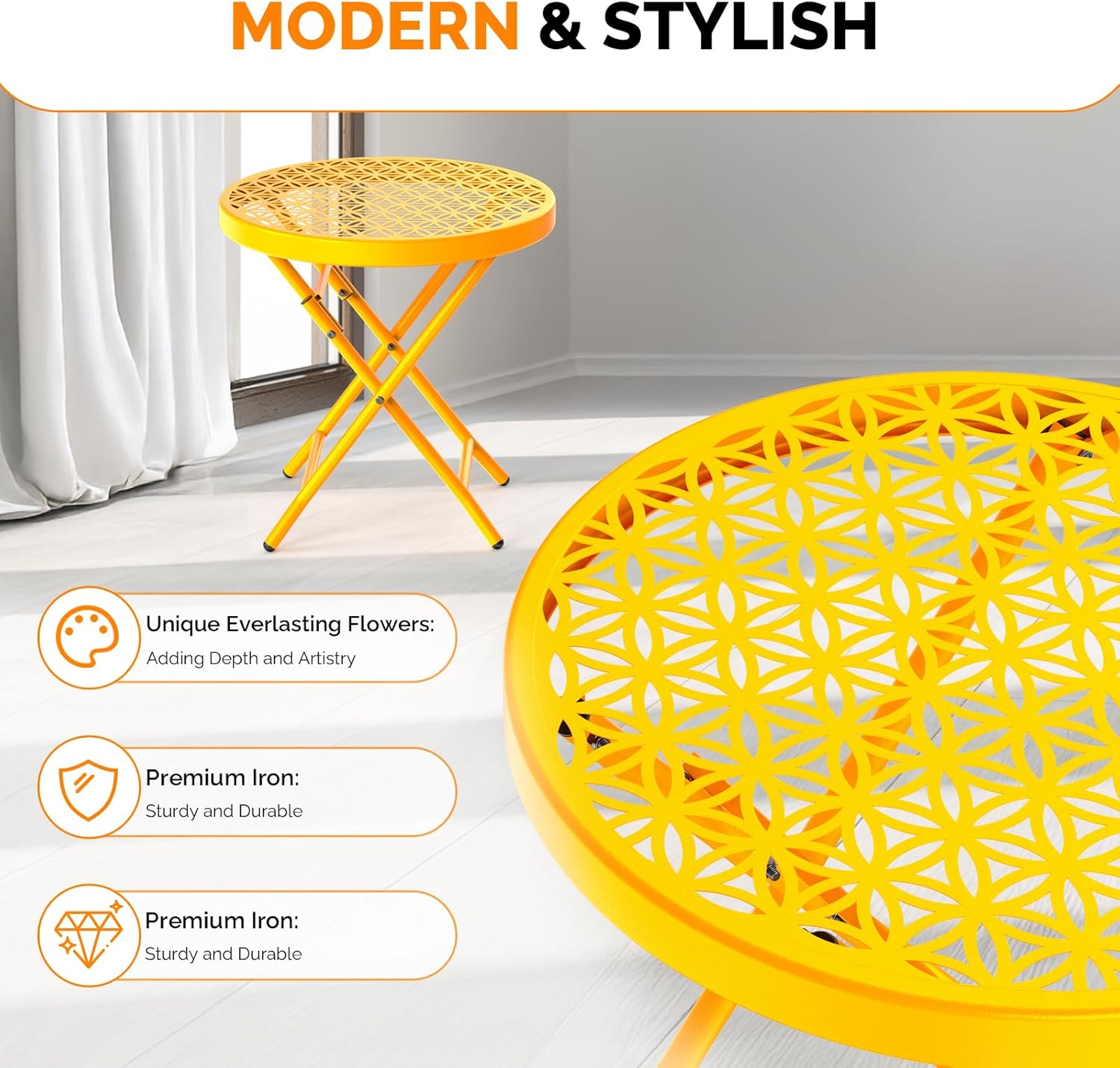 VINGLI Patio Folding Side Table, Small Outdoor Table with Everlasting Floral Pattern and Sturdy X-Shaped Metal Frame Ideal for Indoor & Outdoor Balcony, Porch, Backyard, Deck, Yellow, 1 Pack