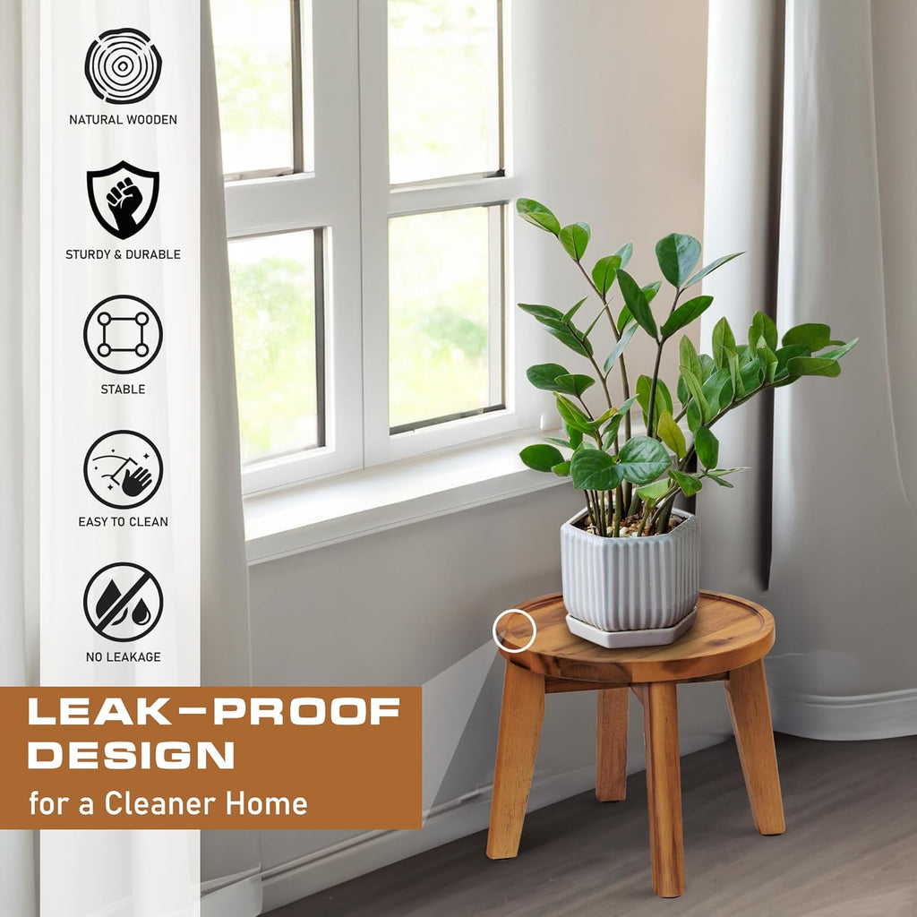 Demigo Indoor Plant Stand, Acacia Wooden Decorative Plant Shelf with Spill-Proof Tray, Stable 8” Tall Flower Holder for Heavy Pots, Gardening Display for Decor Living Room Patio - Natural Brown