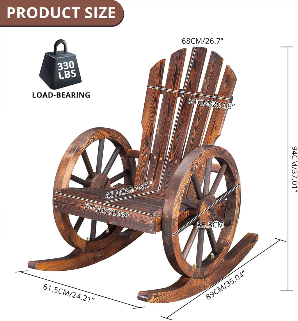Outvita Adirondack Rocking Chair, Wood Wagon Rocker, Outdoor Wooden Carbonized Lounge Chairs with Wheel Armrest for Garden Patio Country Yard Porch, Fir