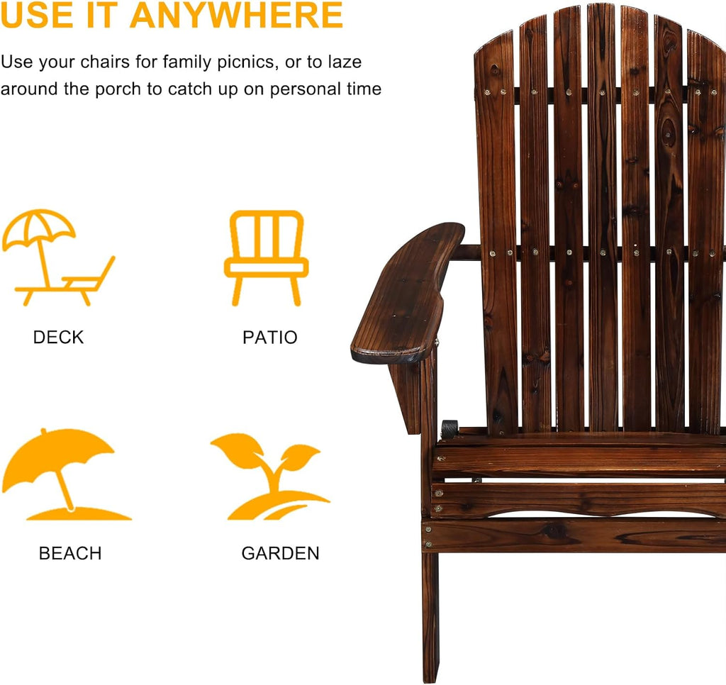 Outvita Folding Adirondack Chair Set of 2, 350LBS Solid Wood Garden Chair Weather Resistant, Outdoor Wooden Accent Furniture Fire Pit Lounge Chairs for Garden, Yard, Patio, Lawn, Carbonized