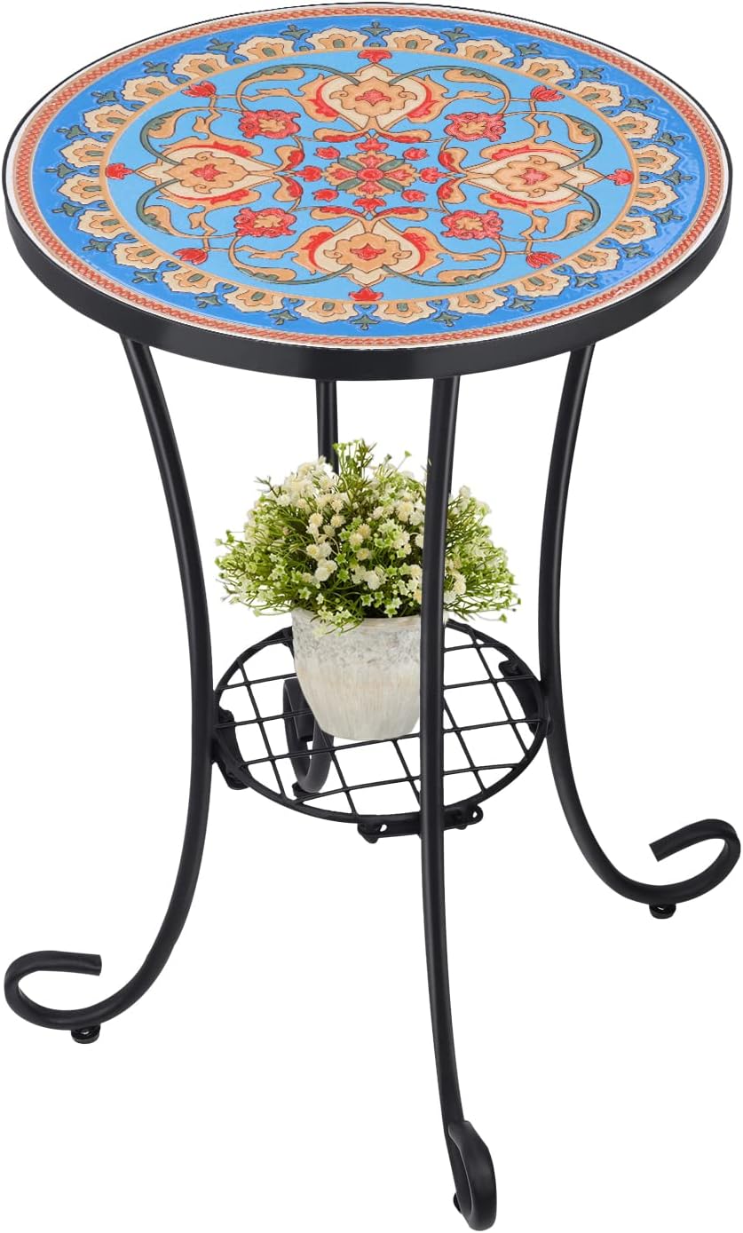 VCUTEKA Outdoor Side Table Mosaic Patio Table Accent Tables Mosaic Tile Top Metal Frame Small End Tables Porch Beach Patio Garden Balcony Green 14''