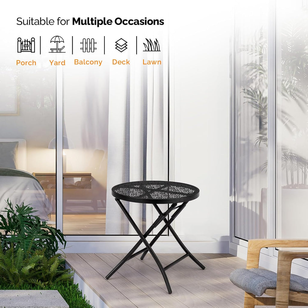 Folding Outdoor Side Tables, Small Patio Table Round Metal End Table with Flower Cutouts for Porch Yard Balcony Deck Lawn, Black