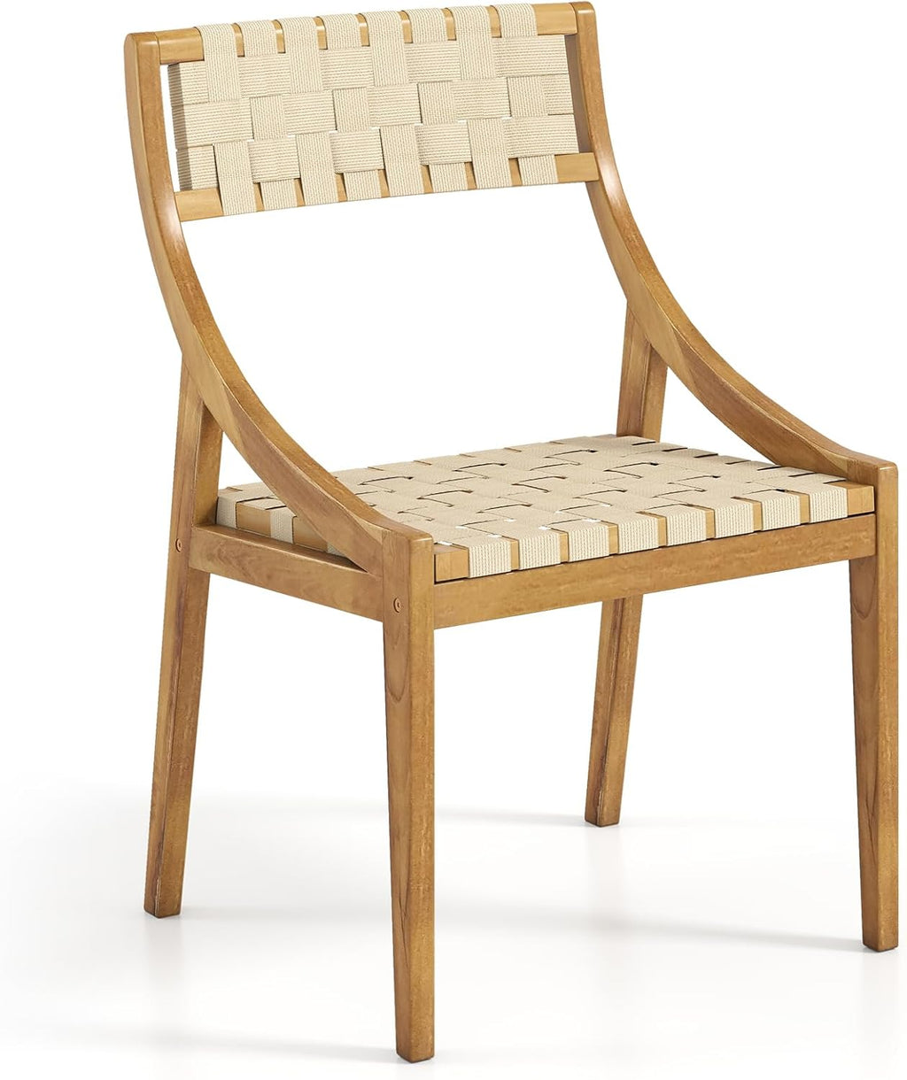 Tangkula Outdoor Dining Chair, Teak Wood Armless Patio Chair w/Webbing Seat & Backrest, Mid Century Wooden Chair for Dining Room, Porch, Backyard, Lawn, Garden, Deck (Natural,1)