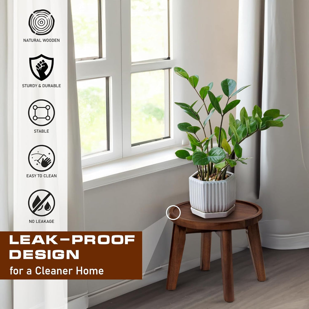 Demigo Indoor Plant Stand, Acacia Wooden Decorative Plant Shelf with Spill-Proof Tray, Stable 8” Tall Flower Holder for Heavy Pots, Gardening Display for Decor Living Room Patio - Dark Brown