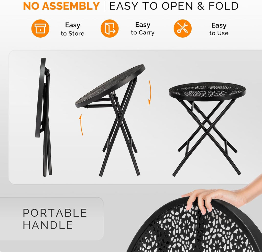 Folding Outdoor Side Tables, Small Patio Table Round Metal End Table with Flower Cutouts for Porch Yard Balcony Deck Lawn, Black
