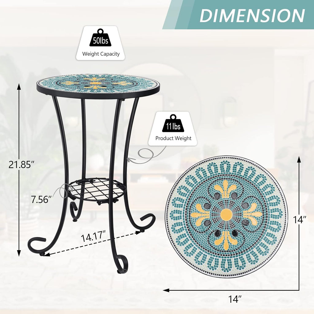 VCUTEKA Outdoor Side Table Mosaic Patio Table Accent Tables Mosaic Tile Top Metal Frame Small End Tables Porch Beach Patio Garden Balcony Green 14''