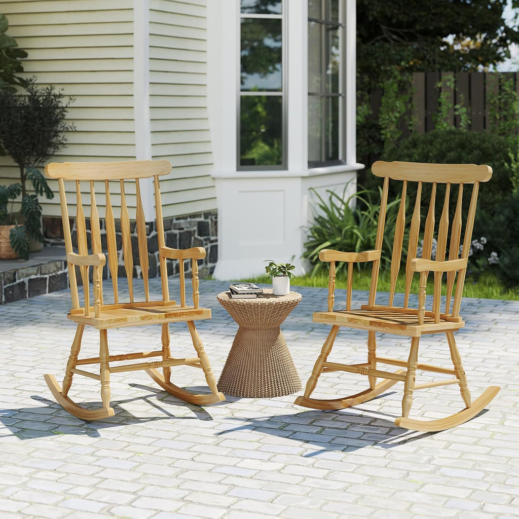 Tangkula Patio Rocking Chair Solid Wood, Outdoor Porch Rocker Chair with Rubber Wood Frame, Indoor Wooden Rocking Chair, Ideal for Garden, Backyard & Balcony (1, Natural)