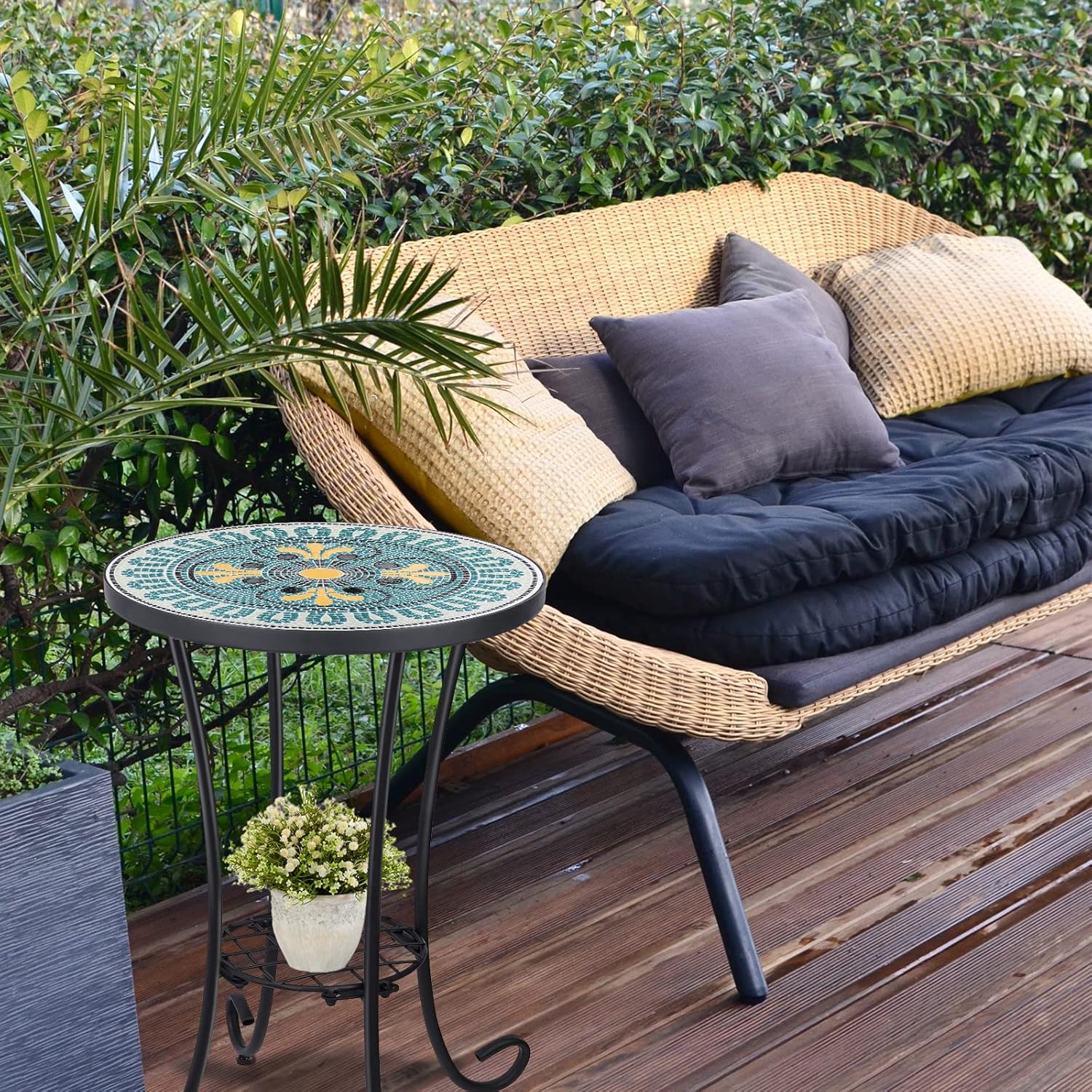 VCUTEKA Outdoor Side Table Mosaic Patio Table Accent Tables Mosaic Tile Top Metal Frame Small End Tables Porch Beach Patio Garden Balcony Green 14''