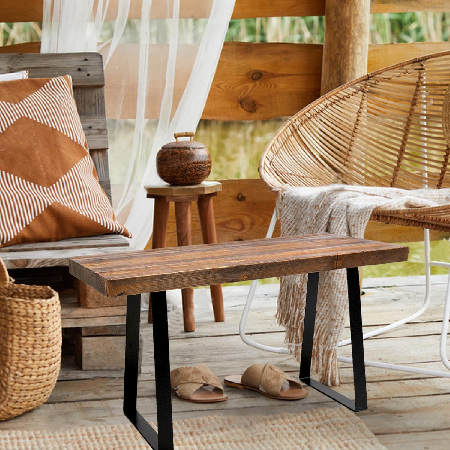 Solid Wood Entryway Bench Rectangle 33"x13"x16"H Dark Brown Reclaimed Pine Stool Living Room End Table Rustic Slab Coffee Side Table Bedroom Bathroom Patio Outdoor Garden Foot Stool