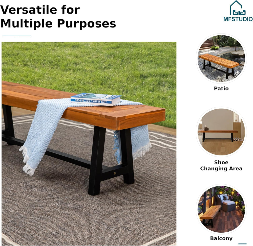 MFSTUDIO Outdoor Garden Bench 63", Acacia Wood Patio Dining Bench, Wooden Park Front Porch Benches for Backyard Outside, Teak