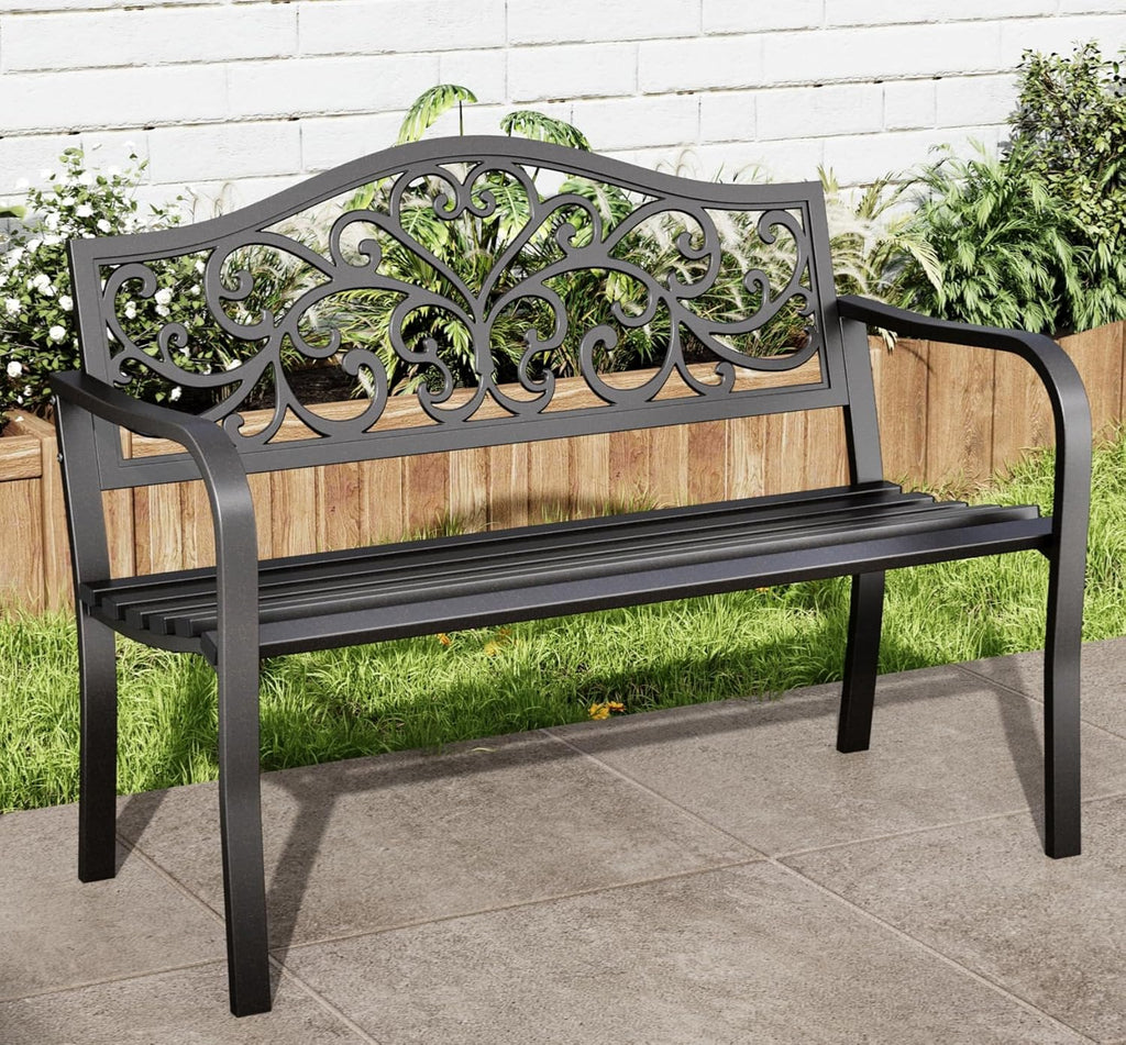 MFSTUDIO 43.7 Inches Outdoor Garden Bench, Cast Iron Metal Frame Patio Park Outside Benches with Floral Pattern Backrest for Front Porch, Black, Camelback