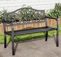 MFSTUDIO 43.7 Inches Outdoor Garden Bench, Cast Iron Metal Frame Patio Park Outside Benches with Floral Pattern Backrest for Front Porch, Black, Camelback