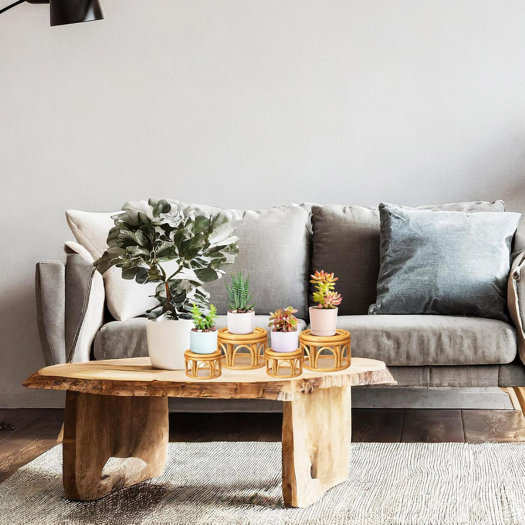 Wenqik 4 Pcs Boho Rattan Plant Stand Woven Wicker Round Riser Stand Indoor Rustic Farmhouse Natural Circle Plant Pedestal Round Accent Centerpiece for Home Kitchen Office Display, 2 Size