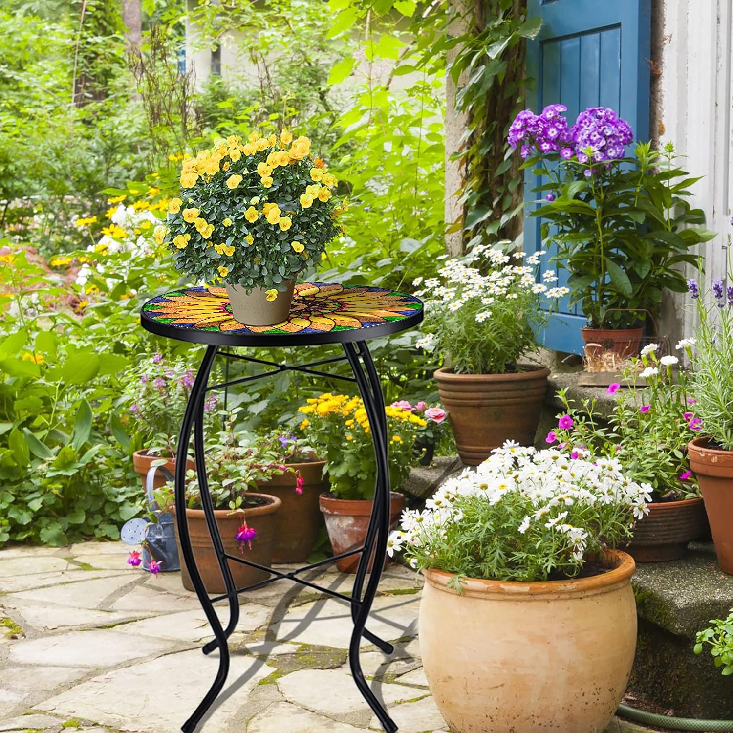 VCUTEKA Sunflower Outdoor Side Table, Mosaic Design, Small Glass Top, Round, Patio Side Table, Balcony Coffee Table, Indoor, 14 inches, Yellow