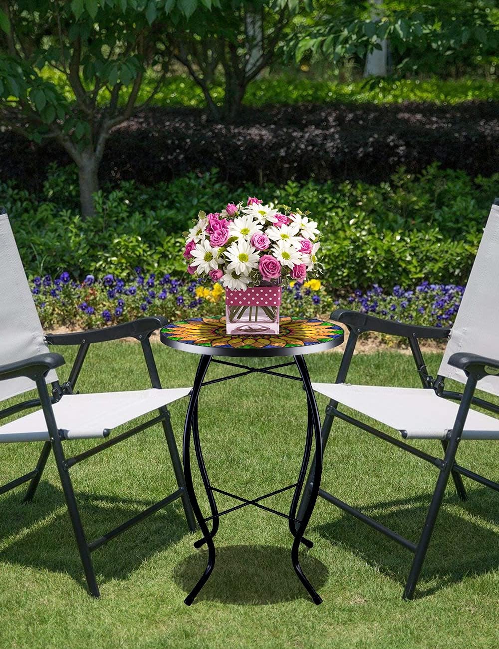 VCUTEKA Sunflower Outdoor Side Table, Mosaic Design, Small Glass Top, Round, Patio Side Table, Balcony Coffee Table, Indoor, 14 inches, Yellow