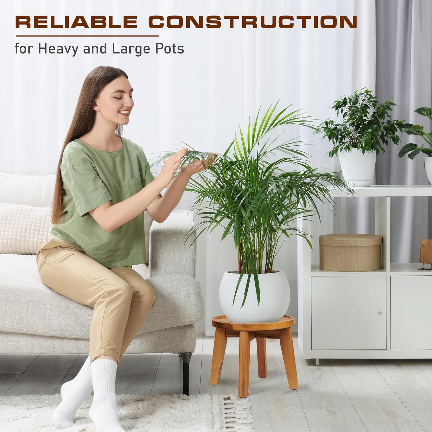 Demigo Indoor Plant Stand, Acacia Wooden Decorative Plant Shelf with Spill-Proof Tray, Stable 8” Tall Flower Holder for Heavy Pots, Gardening Display for Decor Living Room Patio - Natural Brown