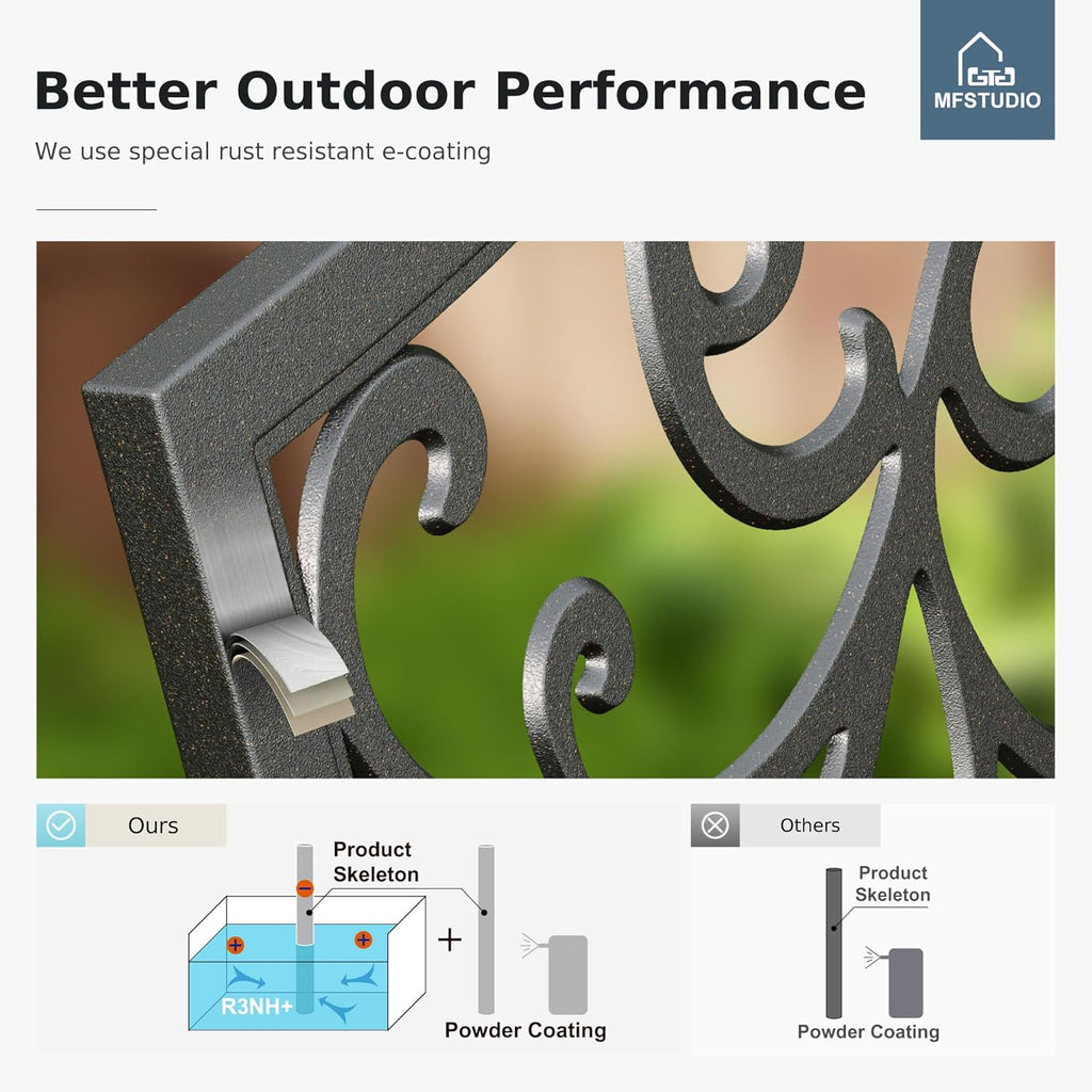 MFSTUDIO 43.7 Inches Outdoor Garden Bench, Cast Iron Metal Frame Patio Park Outside Benches with Floral Pattern Backrest for Front Porch, Black, Camelback