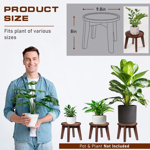 Demigo Indoor Plant Stand, Acacia Wooden Decorative Plant Shelf with Spill-Proof Tray, Stable 8” Tall Flower Holder for Heavy Pots, Gardening Display for Decor Living Room Patio - Dark Brown