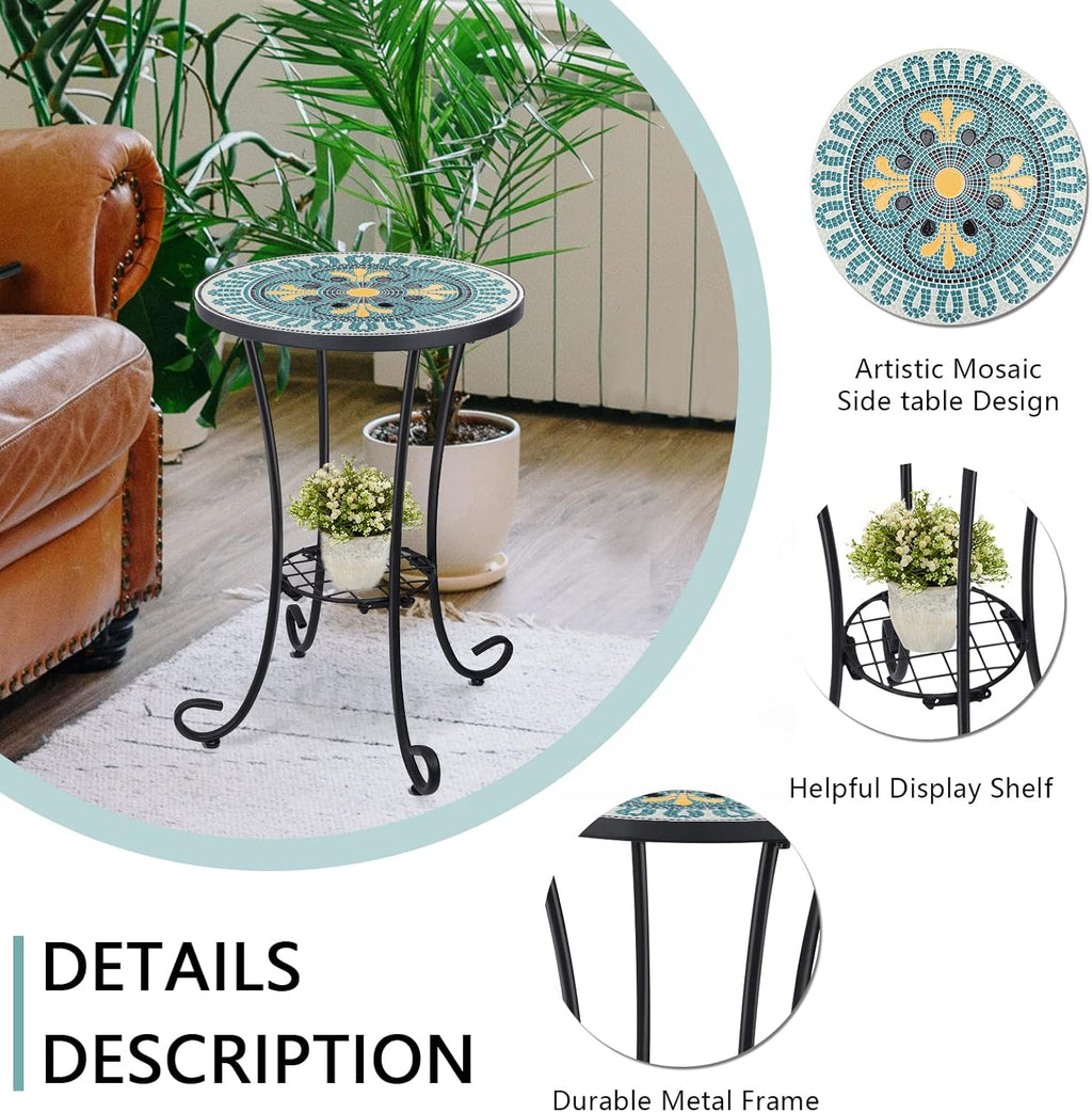 VCUTEKA Outdoor Side Table Mosaic Patio Table Accent Tables Mosaic Tile Top Metal Frame Small End Tables Porch Beach Patio Garden Balcony Green 14''